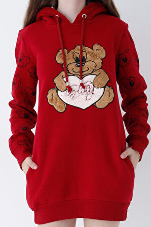 Genç Kız Kırmızı Ayıcıklı Desenli Kapüşonlu Pamuklu Sweatshirt