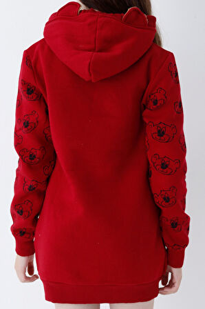 Genç Kız Kırmızı Ayıcıklı Desenli Kapüşonlu Pamuklu Sweatshirt