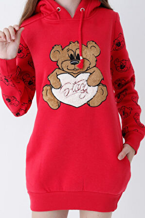 Genç Kız Kırmızı Ayıcıklı Desenli Kapüşonlu Pamuklu Sweatshirt