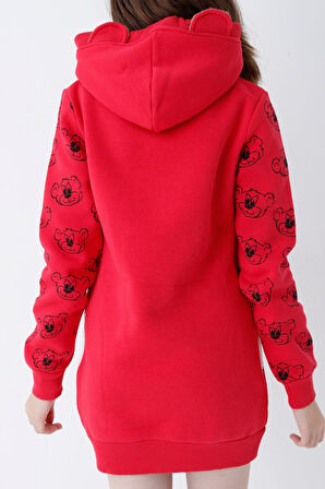 Genç Kız Kırmızı Ayıcıklı Desenli Kapüşonlu Pamuklu Sweatshirt