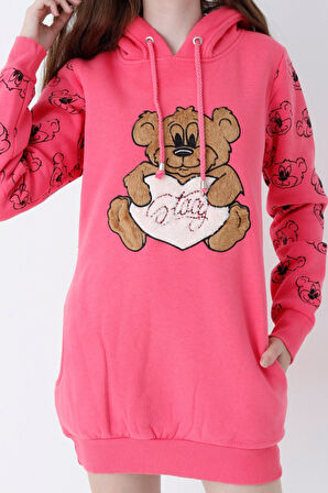 Genç Kız Kırmızı Ayıcıklı Desenli Kapüşonlu Pamuklu Sweatshirt