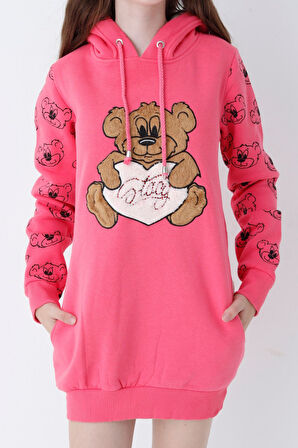 Genç Kız Kırmızı Ayıcıklı Desenli Kapüşonlu Pamuklu Sweatshirt