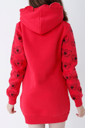 Genç Kız Kırmızı Ayıcıklı Desenli Kapüşonlu Pamuklu Sweatshirt