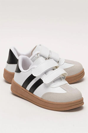 Unisex Cırtlı Rahat Hafif Çocuk Spor Ayakkabı BEYAZ - SİYAH