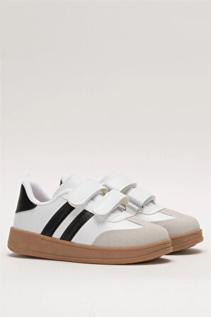 Unisex Cırtlı Rahat Hafif Çocuk Spor Ayakkabı BEYAZ - SİYAH