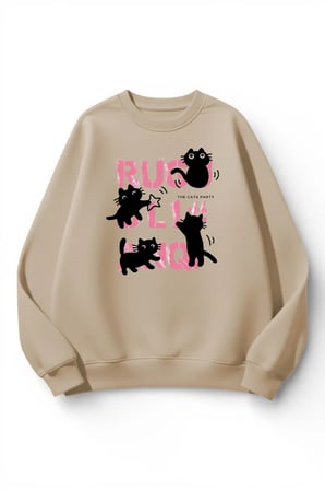 Unisex Yumuşak Dokulu Kedi Kaos Baskılı Tasarım Oversize 3 İplik Bisiklet Yaka Sweatshirt