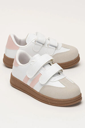 Unisex Cırtlı Rahat Hafif Çocuk Spor Ayakkabı BEYAZ - PUDRA