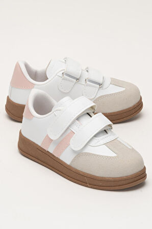 Unisex Cırtlı Rahat Hafif Çocuk Spor Ayakkabı BEYAZ - PUDRA