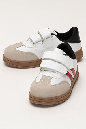 Unisex Cırtlı Rahat Hafif Çocuk Spor Ayakkabı BEYAZ - KIRMIZI