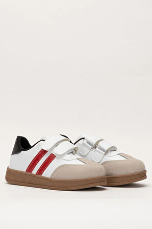 Unisex Cırtlı Rahat Hafif Çocuk Spor Ayakkabı BEYAZ - KIRMIZI