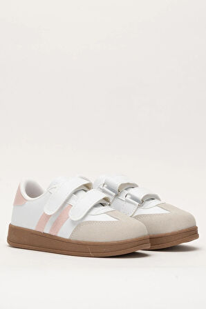 Unisex Cırtlı Rahat Hafif Çocuk Spor Ayakkabı BEYAZ - PUDRA