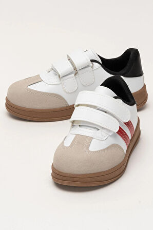 Unisex Cırtlı Rahat Hafif Çocuk Spor Ayakkabı BEYAZ - KIRMIZI