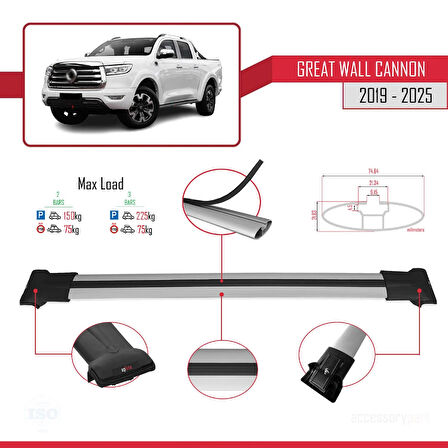 Great Wall Cannon 2019 ve Sonrası ile Uyumlu FLY Model Ara Atkı Tavan Barı Gri 2 Adet