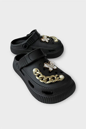 Çocuk Taşlı  Cross Terlik Bahçe Plaj Sahil Havuz Terliği SİYAH