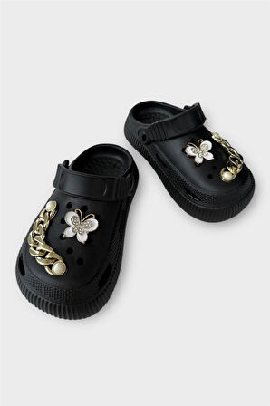 Çocuk Taşlı  Cross Terlik Bahçe Plaj Sahil Havuz Terliği SİYAH