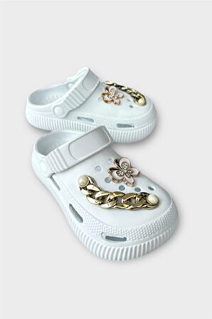 Çocuk Taşlı  Cross Terlik Bahçe Plaj Sahil Havuz Terliği BEYAZ