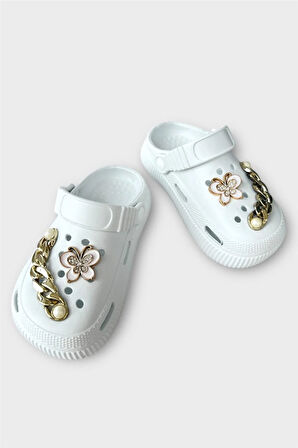 Çocuk Taşlı  Cross Terlik Bahçe Plaj Sahil Havuz Terliği BEYAZ