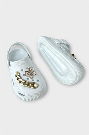 Çocuk Taşlı  Cross Terlik Bahçe Plaj Sahil Havuz Terliği BEYAZ