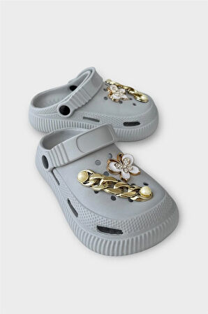 Çocuk Taşlı  Cross Terlik Bahçe Plaj Sahil Havuz Terliği GRİ