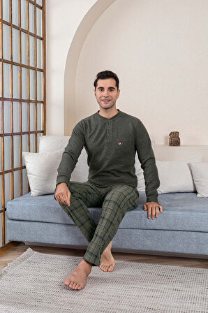 Erkek 3 Düğme Ekose Göğüs Cepli Kışlık Pamuklu Selanik Kumaş Uzun Manşetli Kol Cepli Pijama Takımı 