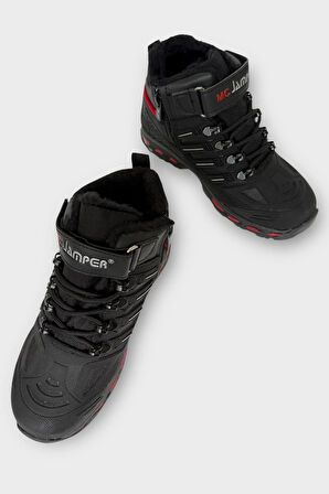 Çocuk İçi Kürklü Fermuarlı Outdoor Bot SİYAH - KIRMIZI