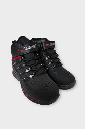 Çocuk İçi Kürklü Fermuarlı Outdoor Bot SİYAH - KIRMIZI