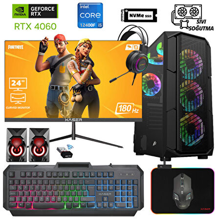 Xaser Xsr986 i5 12400F 16GB Ram 512GB M.2 NVMe SSD 8GB RTX4060 23.8 "Curved 180Hz Sıvı Soğutma Oyuncu Bilgisayarı