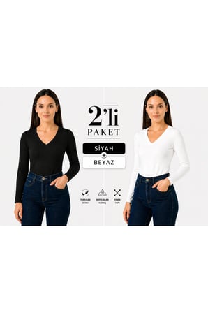 body V yaka uzun kol viskon örme kumaş badi 2 li paket siyah ve beyaz