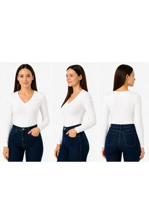 body V yaka uzun kol viskon örme kumaş badi 2 li paket siyah ve beyaz