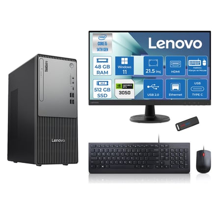 Lenovo Thinkcentre Neo 50T Gen5 Intel Core I5 14400 48GB Ddr5 512GB SSD 21.5 Inç Monitör Windows 11 Pro Nvidia RTX3050 6gb Masaüstü Bilgisayar 30502112UAS1CF00P17 + Zetta Flash Bellek