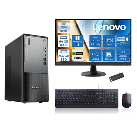 Lenovo Thinkcentre Neo 50T Gen5 Intel Core I5 14400 64GB Ddr5 256GB SSD 21.5 Inç Monitör Windows 11 Pro Quadro T1000 4gb Masaüstü Bilgisayar 10002112UAS1CF00P21 + Zetta Flash Bellek