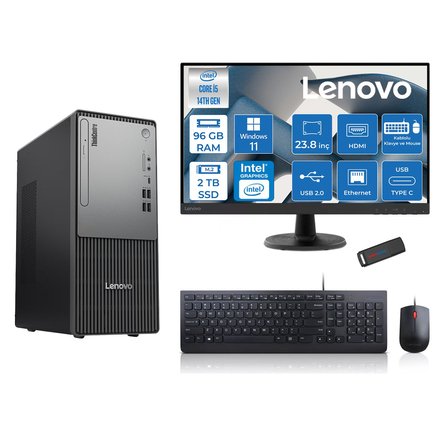 Lenovo Thinkcentre Neo 50T Gen5 Intel Core I5 14400 96GB Ddr5 2tb SSD 23.8 Inç Monitör Windows 11 Pro Intel UHD 730 Masaüstü Bilgisayar 2412UAS1CF00P29 + Zetta Flash Bellek