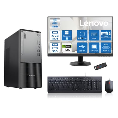 Lenovo Thinkcentre Neo 50T Gen5 Intel Core I5 14400 16GB Ddr5 2tb SSD 23.8 Inç Monitör Windows 11 Pro Quadro T1000 4gb Masaüstü Bilgisayar 10002412UAS1CF00P04 + Zetta Flash Bellek