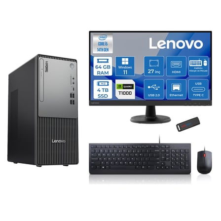 Lenovo Thinkcentre Neo 50T Gen5 Intel Core I5 14400 64GB Ddr5 4tb SSD 27 Inç Monitör Windows 11 Pro Quadro T1000 4gb Masaüstü Bilgisayar 10002712UAS1CF00P25 + Zetta Flash Bellek