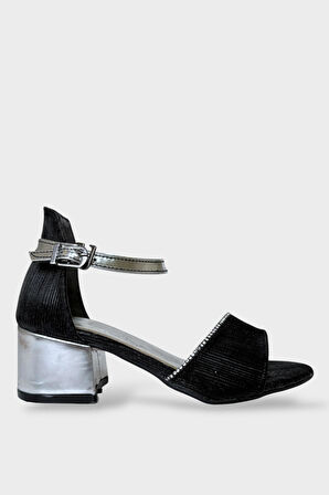 Kız Çocuk Simli Taşlı Bantlı Tapuklu Abiye Sandalet Ayakkabı SİYAH