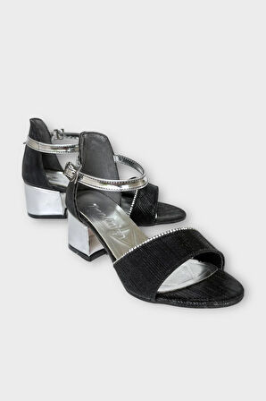 Kız Çocuk Simli Taşlı Bantlı Tapuklu Abiye Sandalet Ayakkabı SİYAH