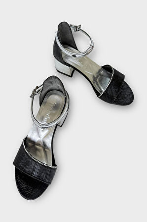 Kız Çocuk Simli Taşlı Bantlı Tapuklu Abiye Sandalet Ayakkabı SİYAH