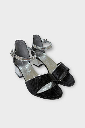 Kız Çocuk Simli Taşlı Bantlı Tapuklu Abiye Sandalet Ayakkabı SİYAH