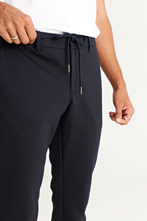 Erkek Lacivert Slim Fit Dar Kesim Yan Cepli Beli Lastikli Bağlamalı Pantolon