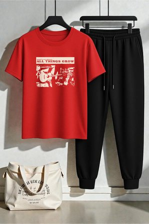 Unisex All Things Grow Tasarım Baskılı Tişört - 2'li Eşofman Takımı