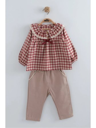 Ekose Gömlek Gabardin Pantolon Kız Takım 2 li Takım (1 Yaş - 2 Yaş - 3 Yaş - 4 Yaş)