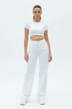 Nova Kadın Yüksek Bel Beyaz Salaş Jeans Wide Leg Geniş Paça Palazzo Kot Pantolon