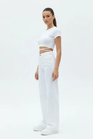 Nova Kadın Yüksek Bel Beyaz Salaş Jeans Wide Leg Geniş Paça Palazzo Kot Pantolon