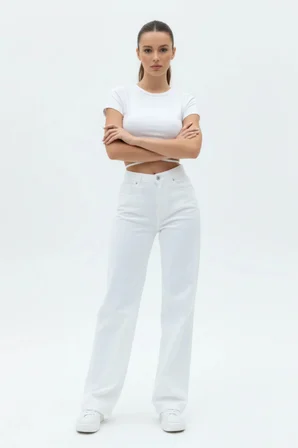 Nova Kadın Yüksek Bel Beyaz Salaş Jeans Wide Leg Geniş Paça Palazzo Kot Pantolon