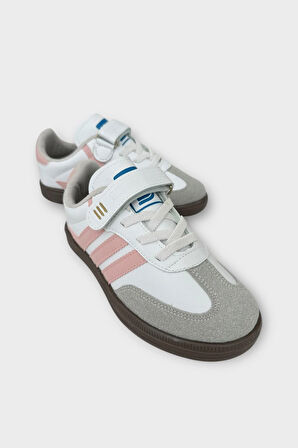Unisex Cırtlı Bağcıklı Çocuk Spor Ayakkabı BEYAZ - PUDRA