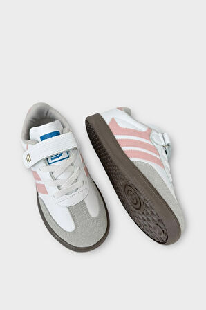 Unisex Cırtlı Bağcıklı Çocuk Spor Ayakkabı BEYAZ - PUDRA