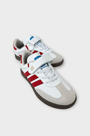 Unisex Cırtlı Bağcıklı Çocuk Spor Ayakkabı BEYAZ - KIRMIZI