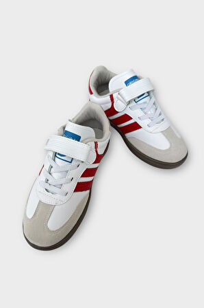 Unisex Cırtlı Bağcıklı Çocuk Spor Ayakkabı BEYAZ - KIRMIZI