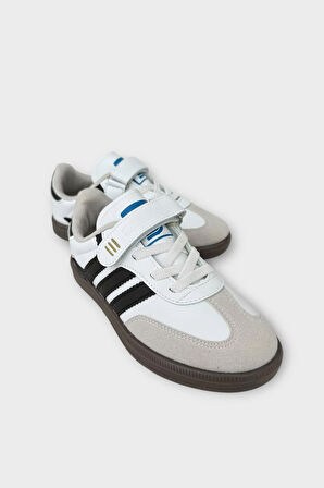 Unisex Cırtlı Bağcıklı Çocuk Spor Ayakkabı BEYAZ - SİYAH