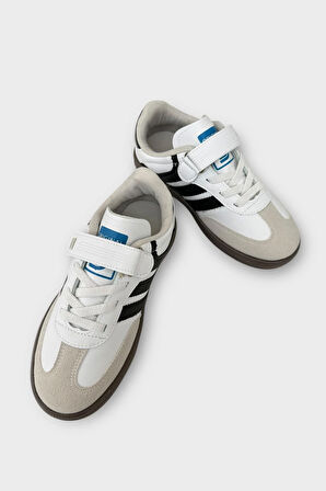 Unisex Cırtlı Bağcıklı Çocuk Spor Ayakkabı BEYAZ - SİYAH